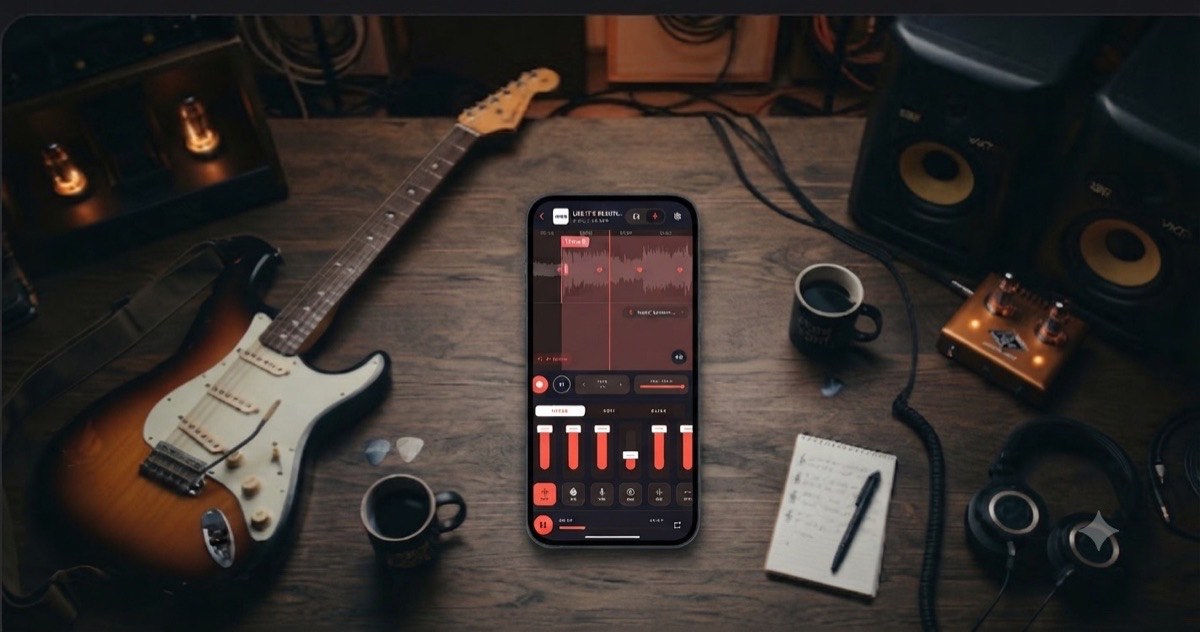 Featee on a phone in a home practice setup with guitar, studio monitors, and headphones